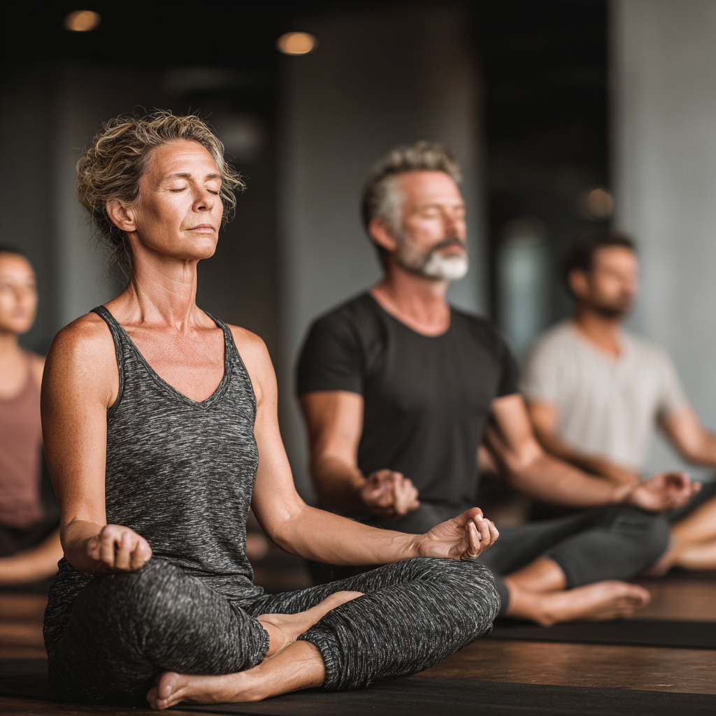 Group of middle-aged adults in their 40s and 50s practicing yoga together in a bright studio, sitting cross-legged in meditation pose, wearing comfortable yoga attire, creating a peaceful and harmonious atmosphere